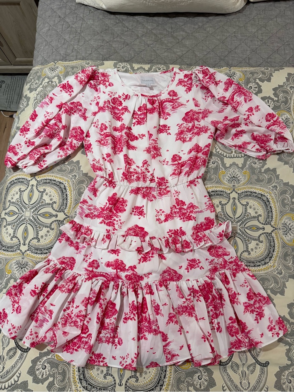 Sugarlips White Dress with Pink Floral Toile Mini